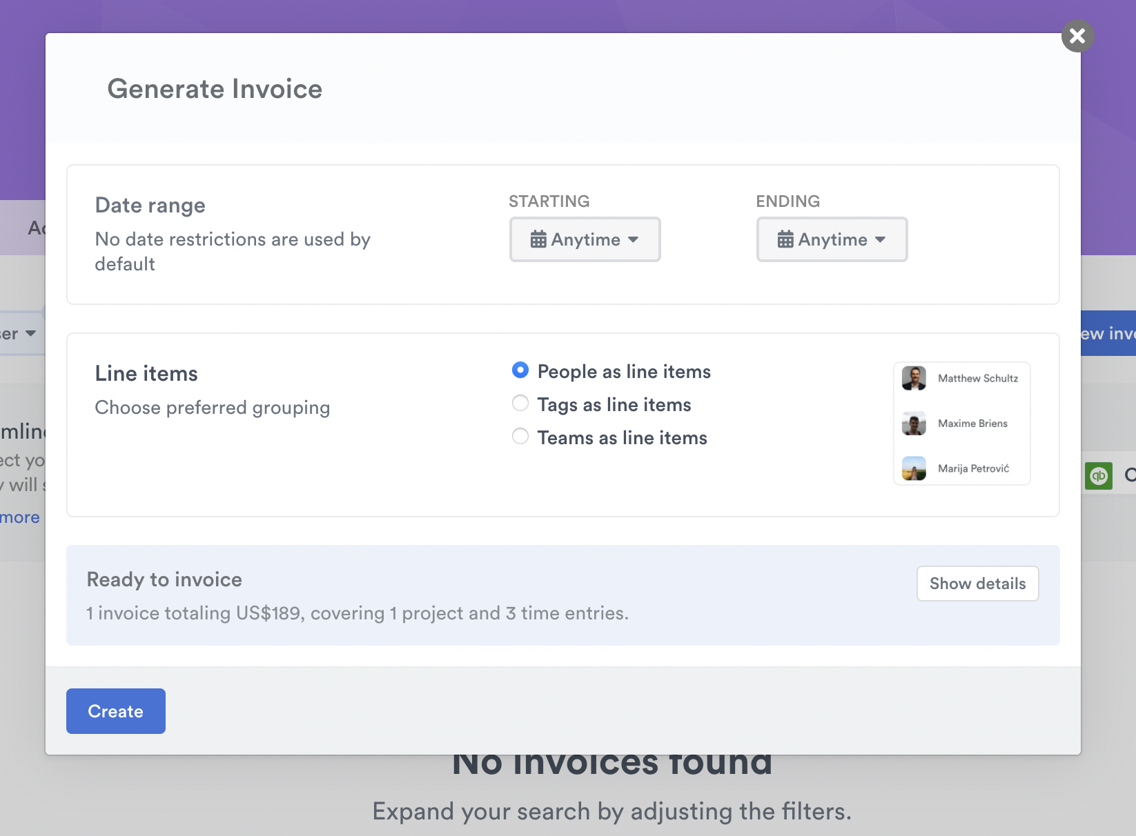 Generate an invoice for a project