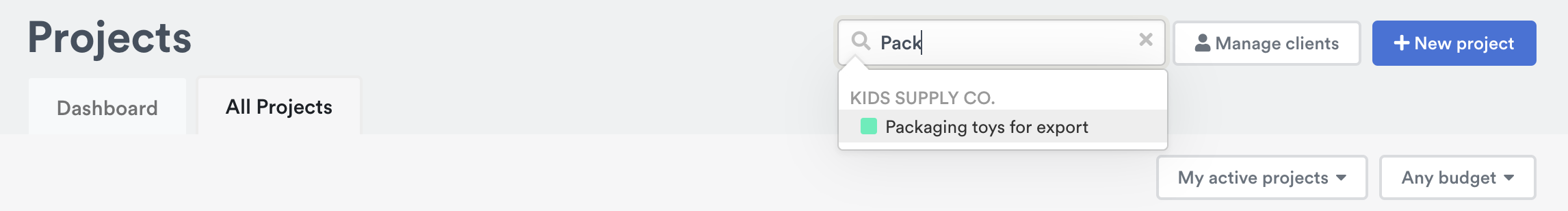 Searching for project name in Projects page