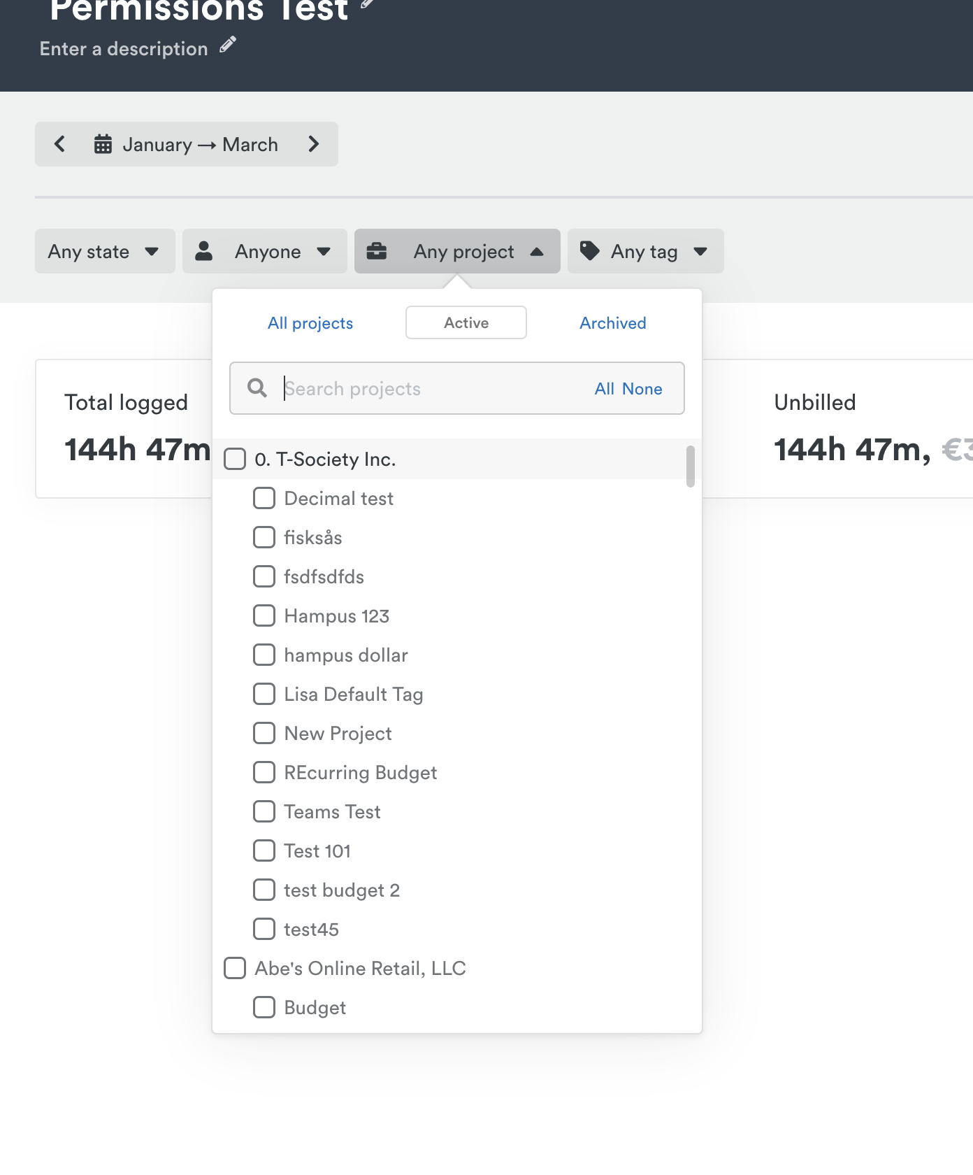 Clients and projects filter