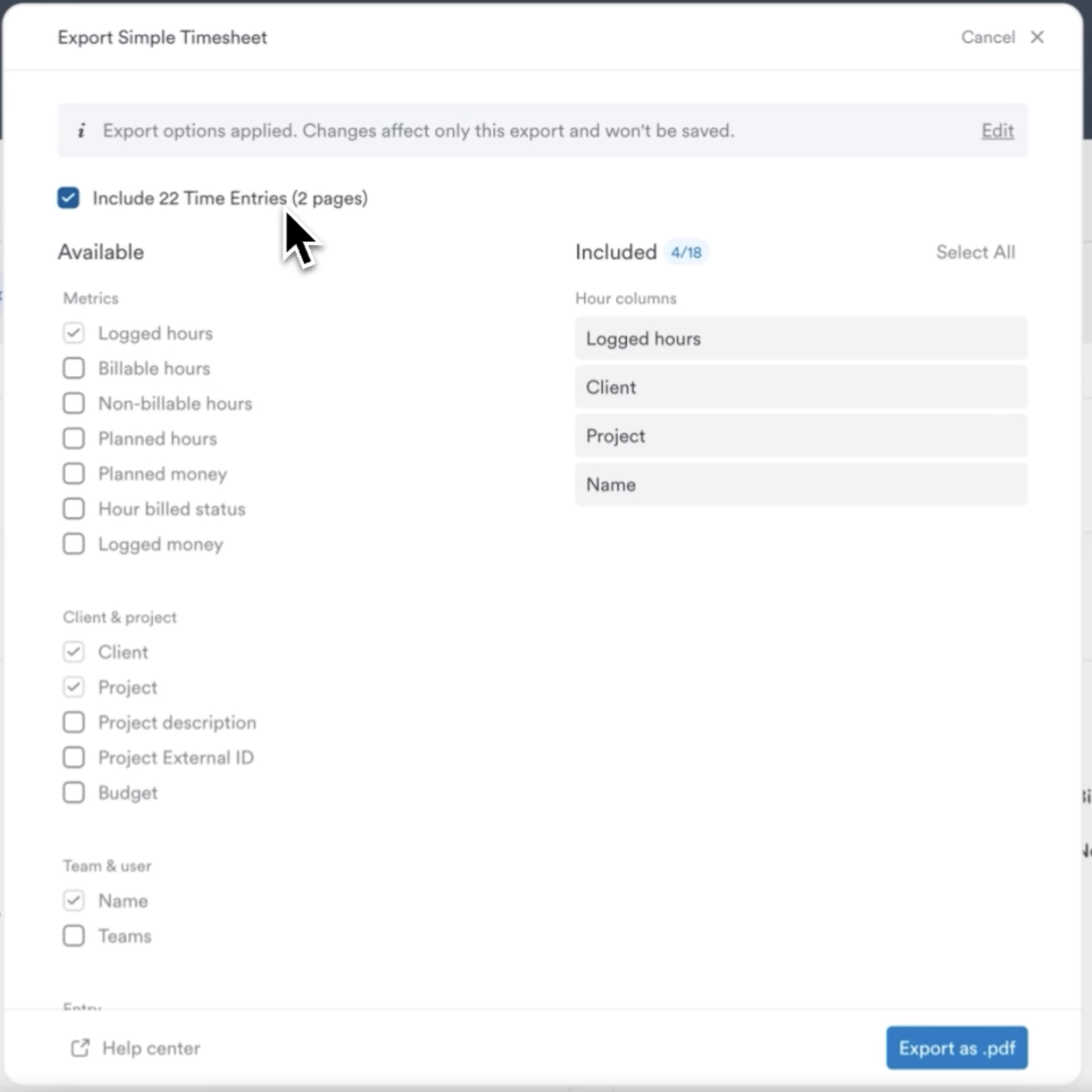 Simple timesheet export options