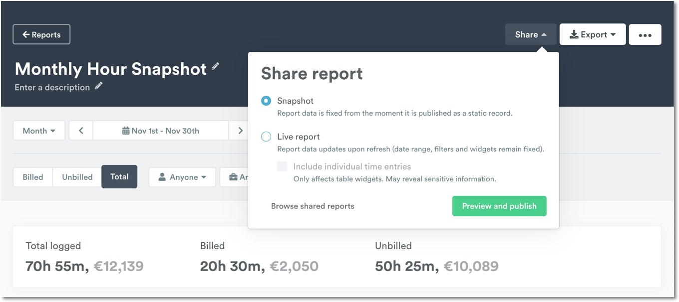 Report sharing options