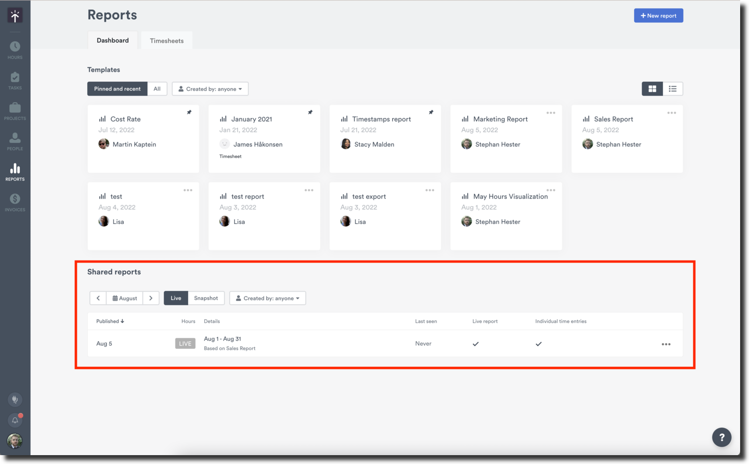 Historic shared reports list