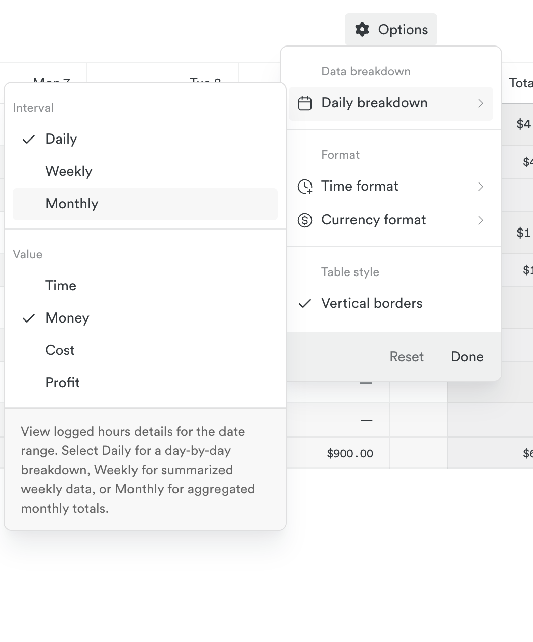 Options menu for date display