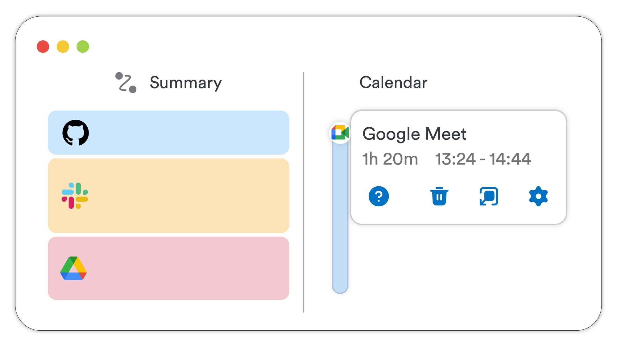 Calendar Lane showing meetings alongside Memory activity