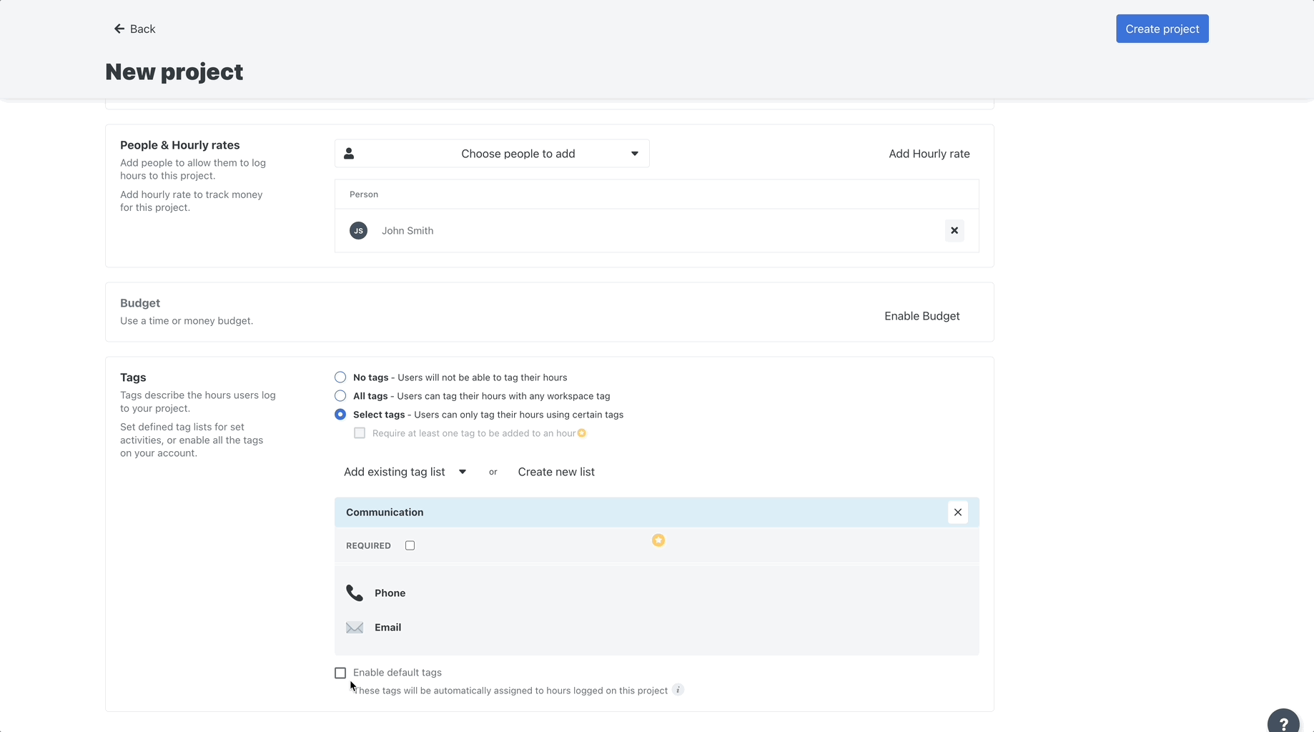 Setting up default tags