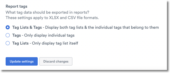 Report tags export settings