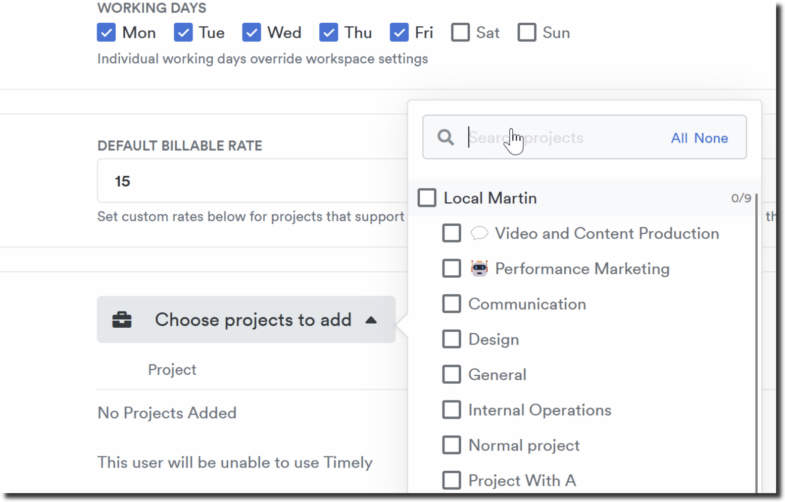 Tag search when adding user projects