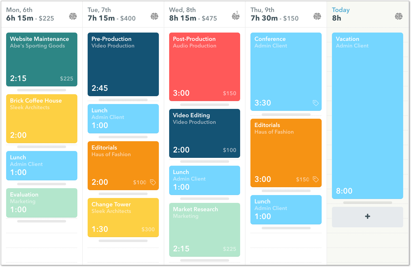 Admin projects visible in calendar