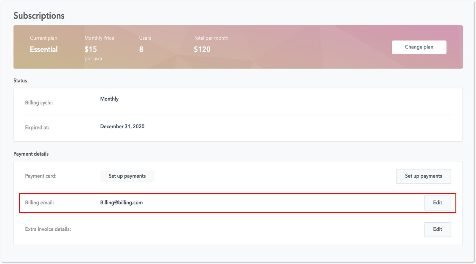 Billing email address change