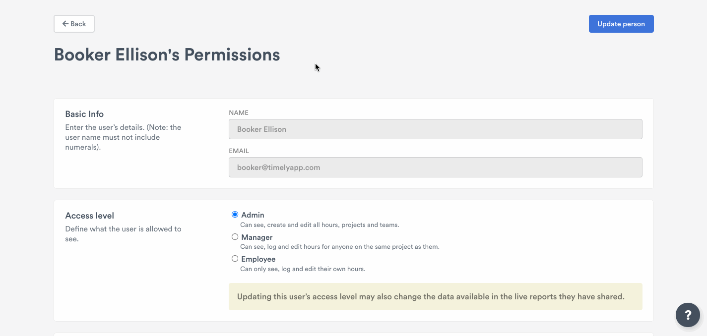 User permissions page overview