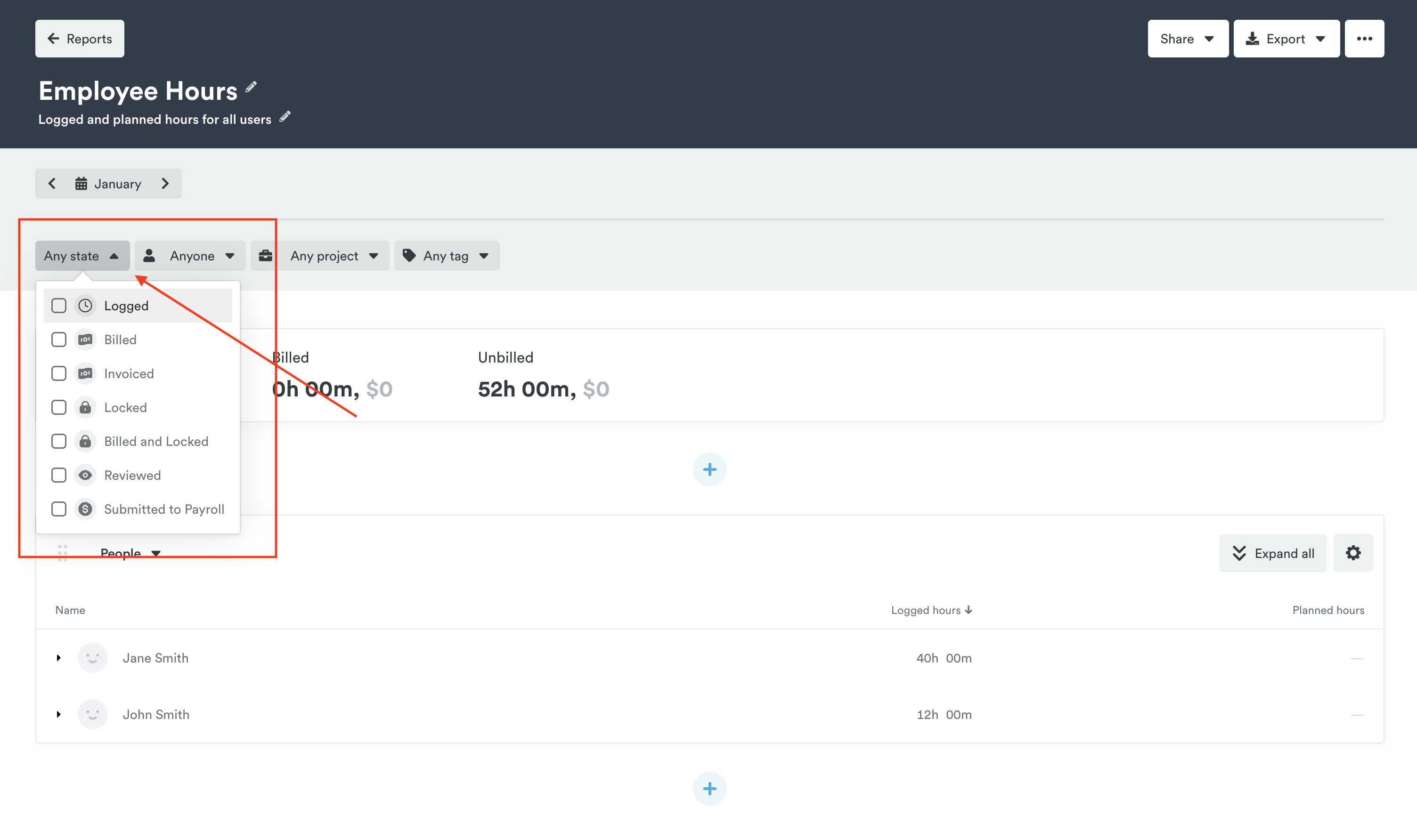 Time states in report configuration