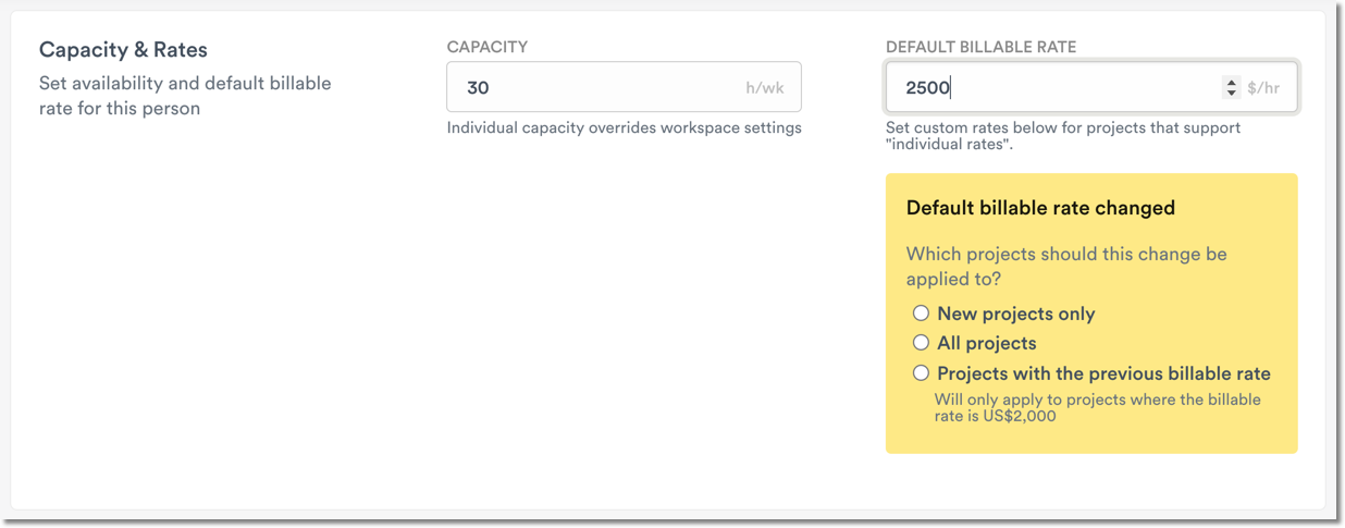 Confirm default billable rate change