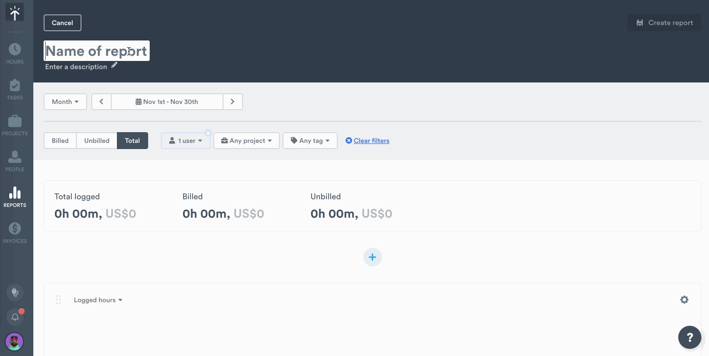 Creating a report from the user page