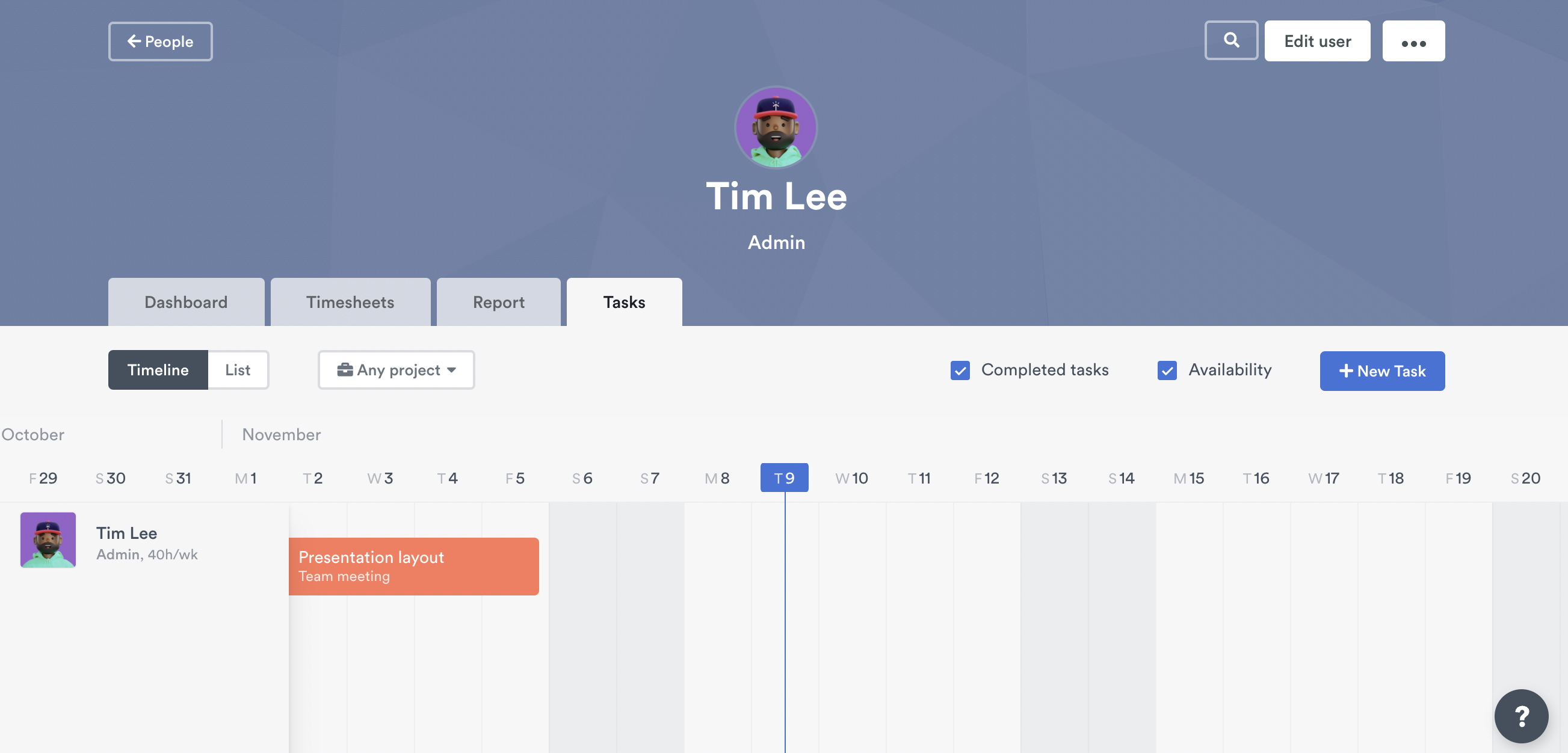 Tasks tab on user page