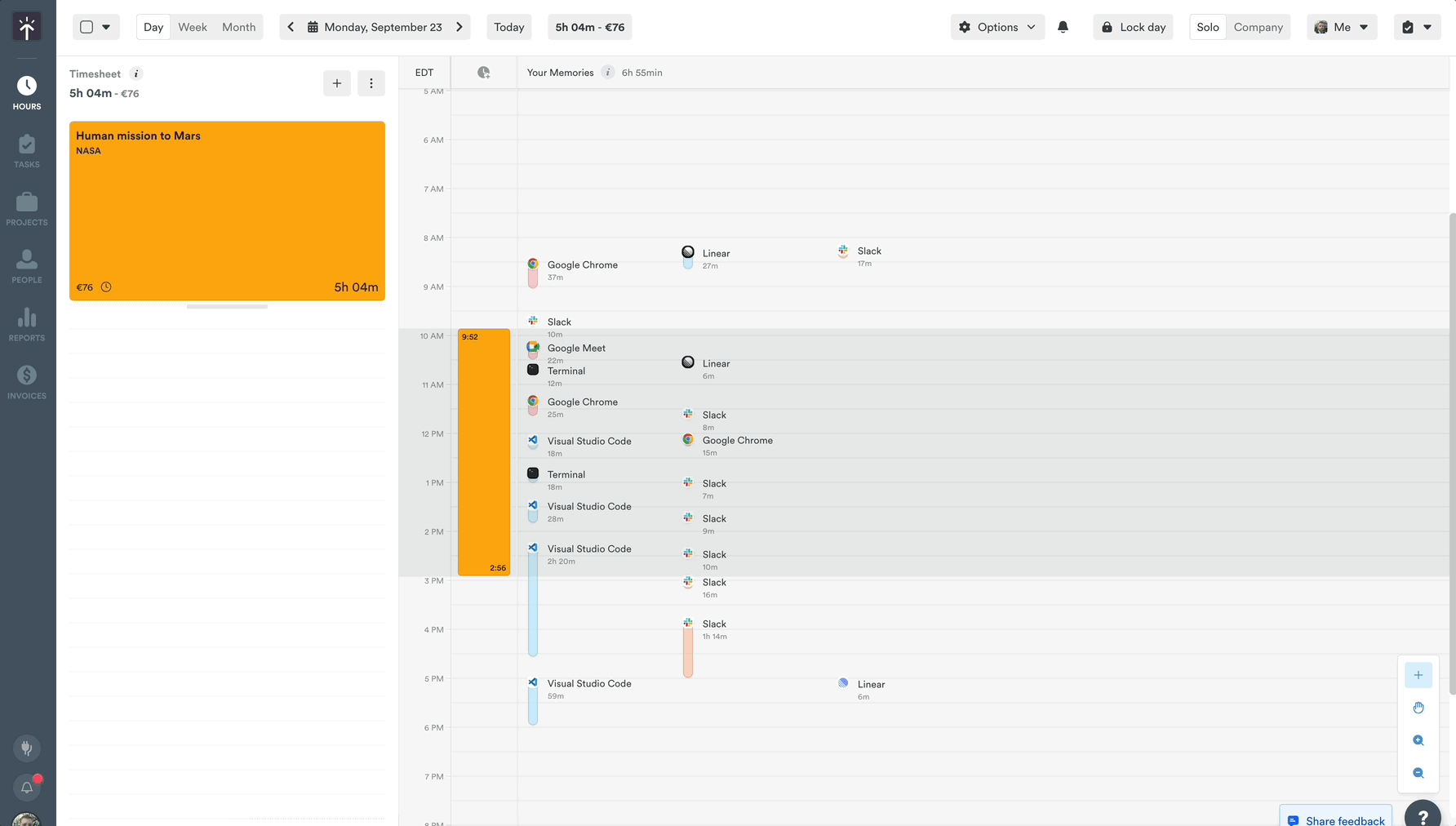 Creating a new time entry from memories