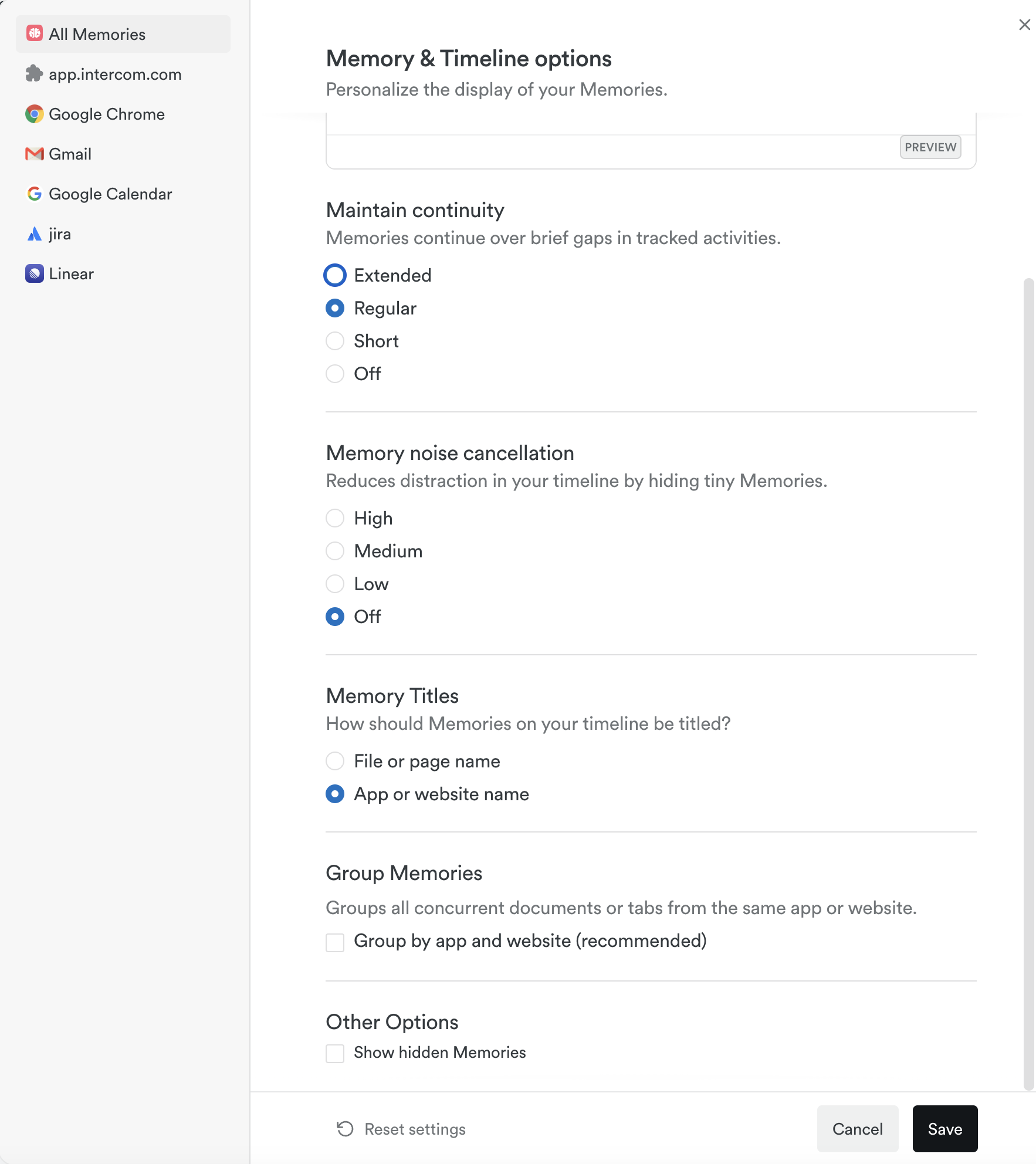 Hidden memories options
