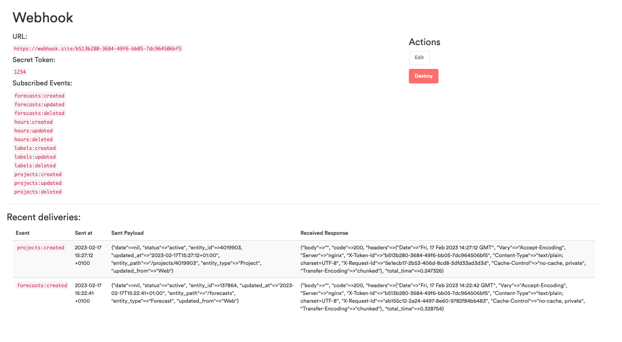 Webhook delivery logs