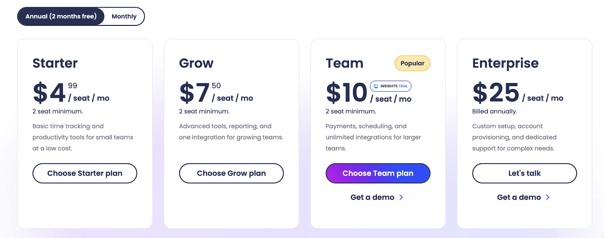 Hubstaff per-user pricing plans