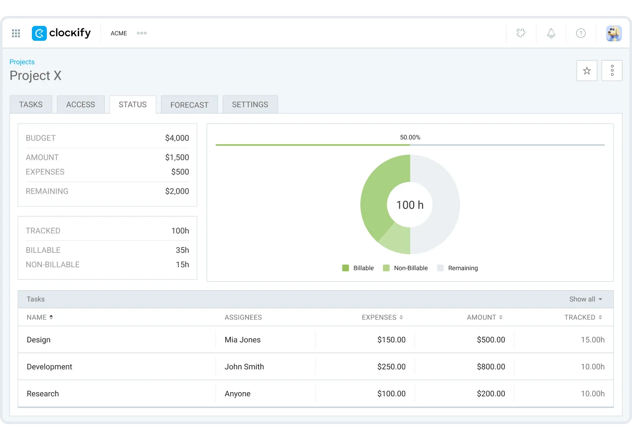 Clockify projects view