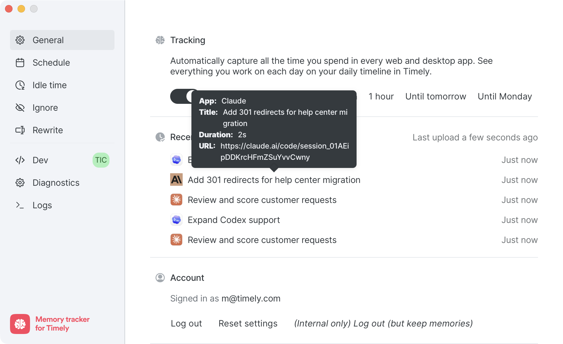 Memory.app capturing AI window titles, durations, and URLs in the General settings panel