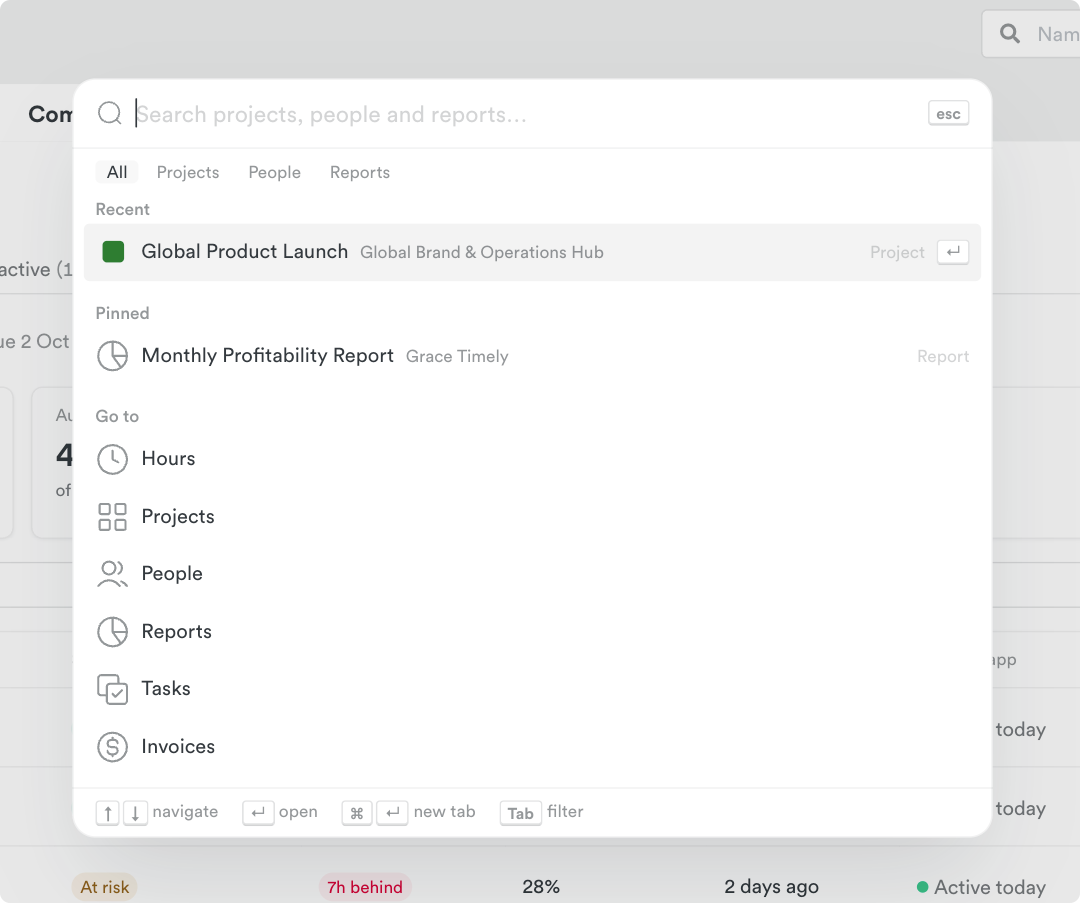 The ⌘K search box open over Timely, showing recent and pinned items, Go to shortcuts for Hours, Projects, People, Reports, Tasks and Invoices, and keyboard hints.