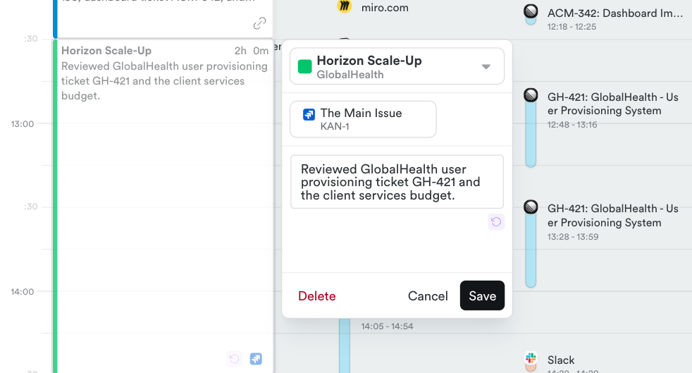 A time entry open in the side panel, linked to a Jira item, with its project and note ready to save.