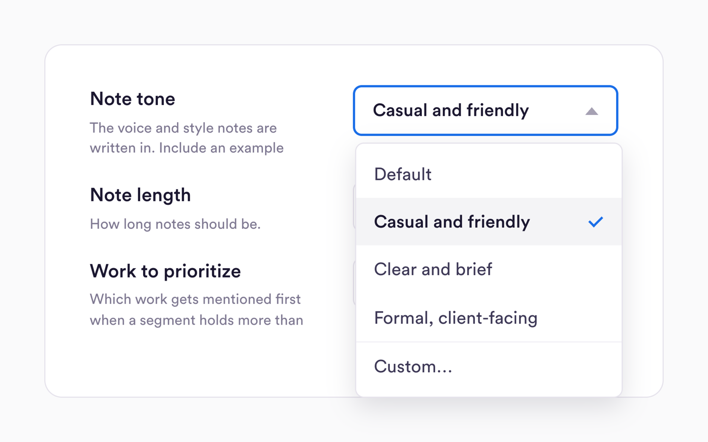 Note tone settings with a dropdown of presets: Default, Casual and friendly (selected), Clear and brief, Formal, client-facing, and Custom.