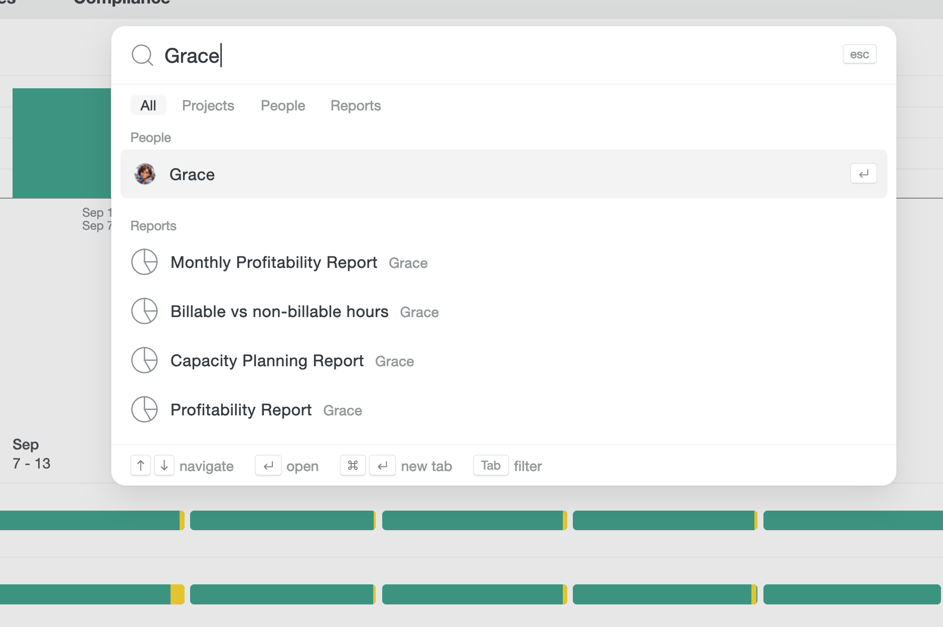 Quick search open over Timely with “Grace” typed in. Grace appears first under People, followed by four of Grace’s reports, with keyboard hints for navigate, open, new tab and filter.