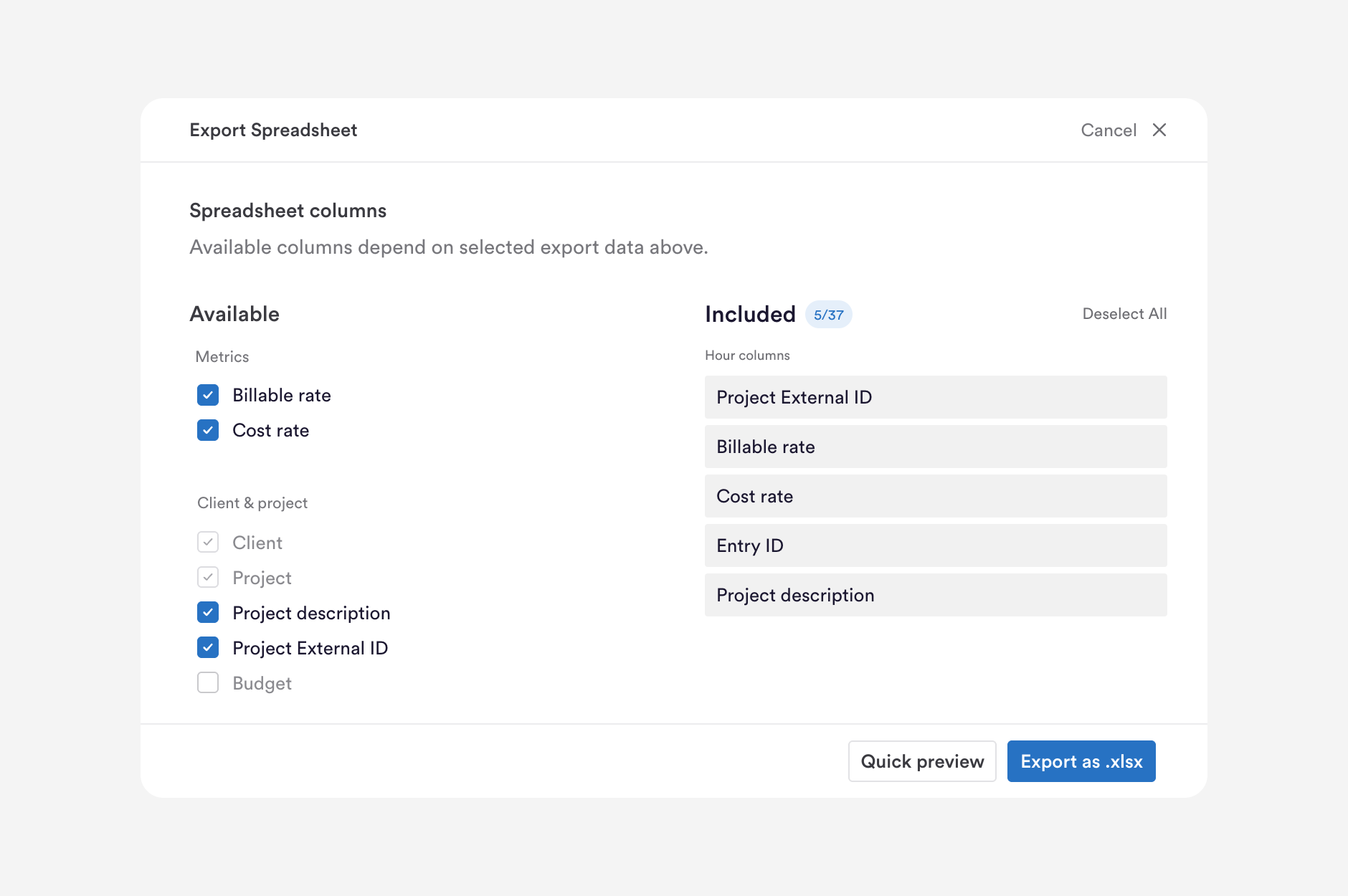 The Export Spreadsheet window with Billable rate, Cost rate, Project description and Project External ID selected, and Entry ID among the five included columns.