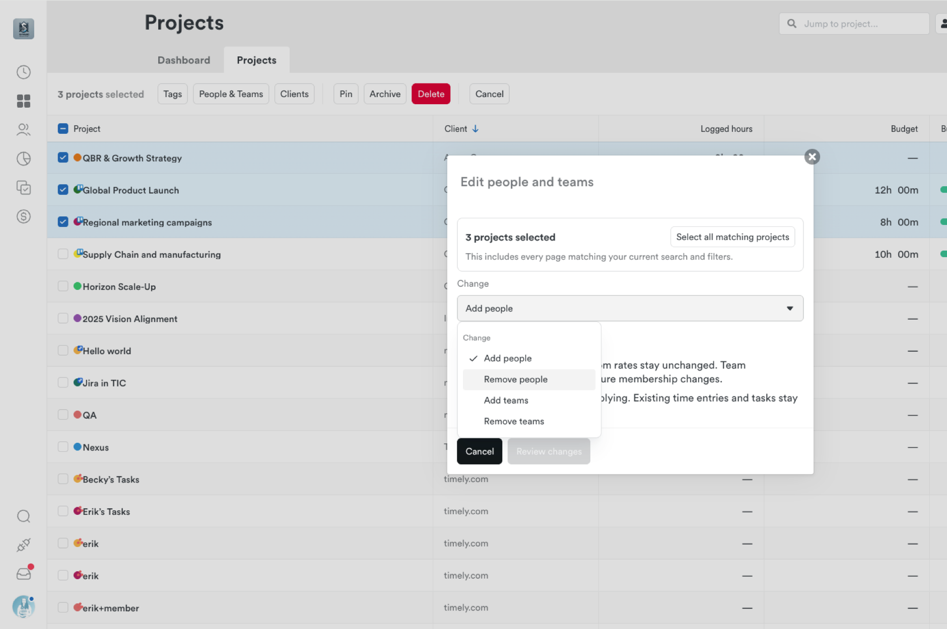 The Edit people and teams dialog for 3 selected projects, with a Select all matching projects button and the Change menu open on Add people, Remove people, Add teams and Remove teams