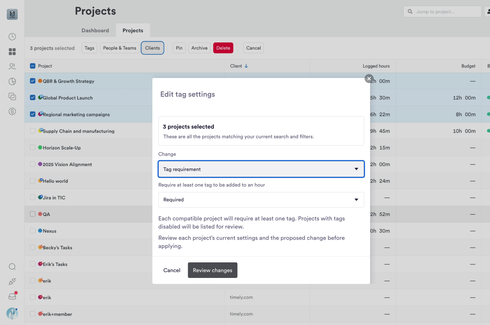 The Edit tag settings dialog for 3 selected projects, setting Tag requirement to Required, with a Review changes button to check each project before applying
