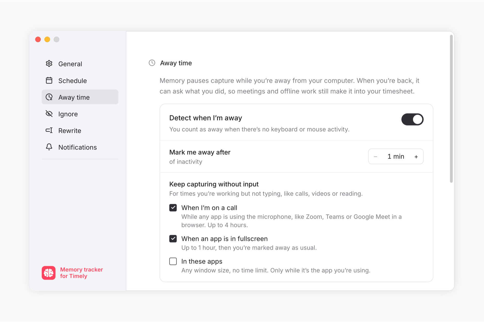 Memory’s Away time settings with Detect when I’m away switched on, Mark me away after 1 min of inactivity, and options to keep capturing during calls, fullscreen apps or chosen apps