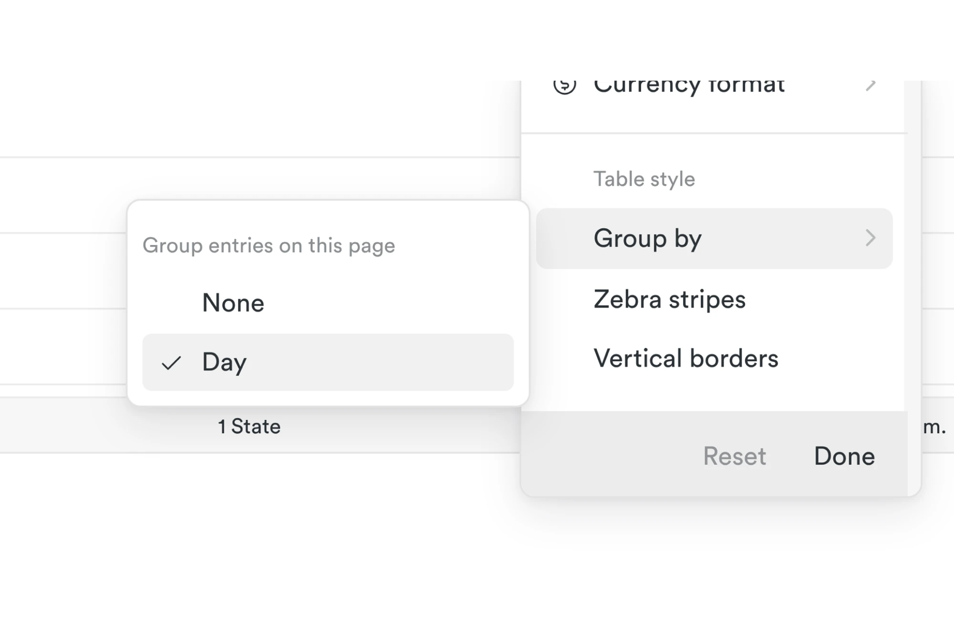 The timesheet Options menu with Group by selected under Table style, and a submenu offering None or Day