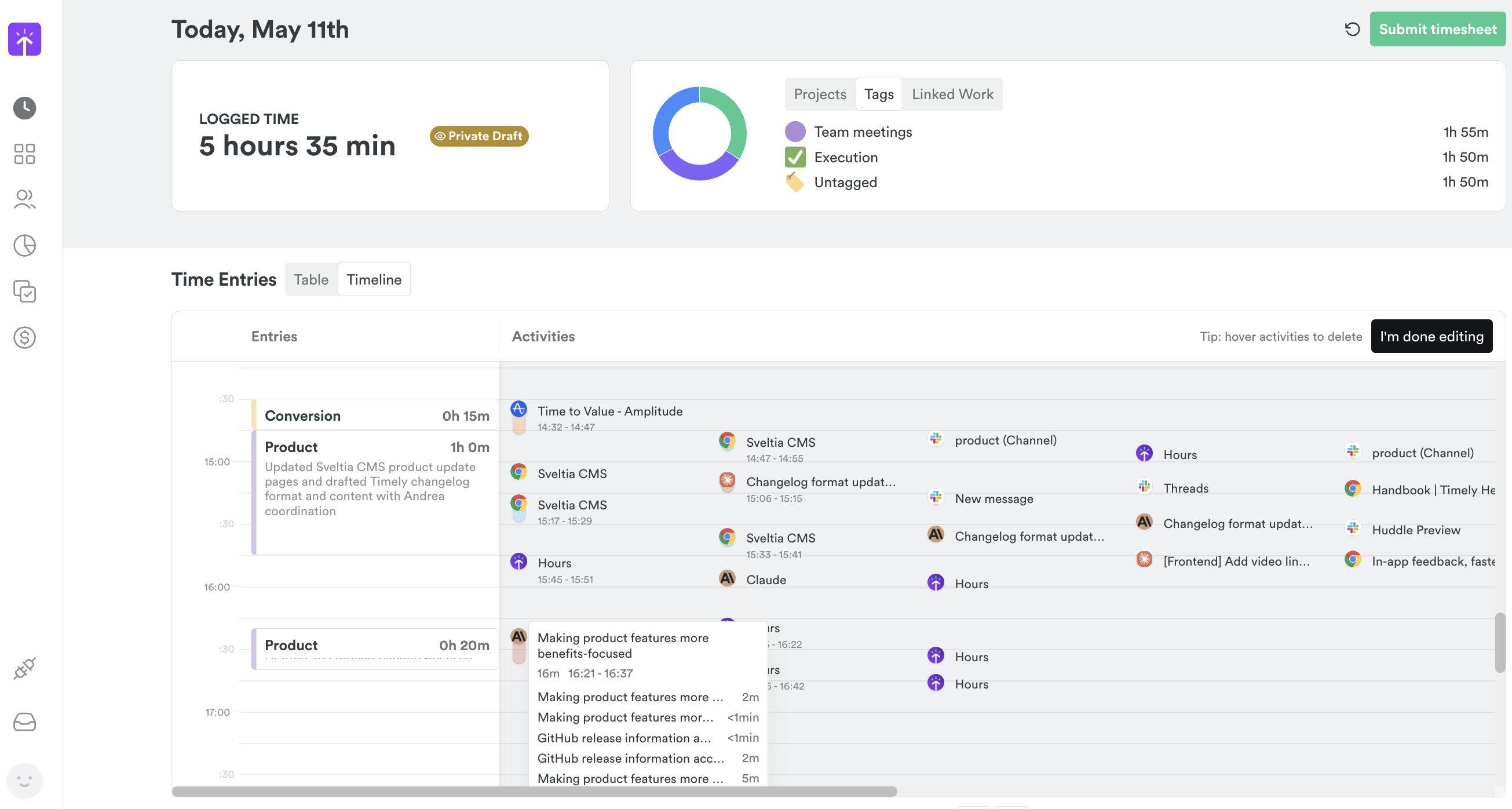 Timely Hours view showing AI-captured activity for May 11th Timely calendar day view showing 5 hours 35 minutes logged across two Product entries and one Conversion entry. The activity panel displays AI-captured tasks including Sveltia CMS updates, changelog formatting, and Claude usage, alongside a donut chart breaking time down by tag: Team meetings 1h 55m, Execution 1h 50m, Untagged 1h 50m.