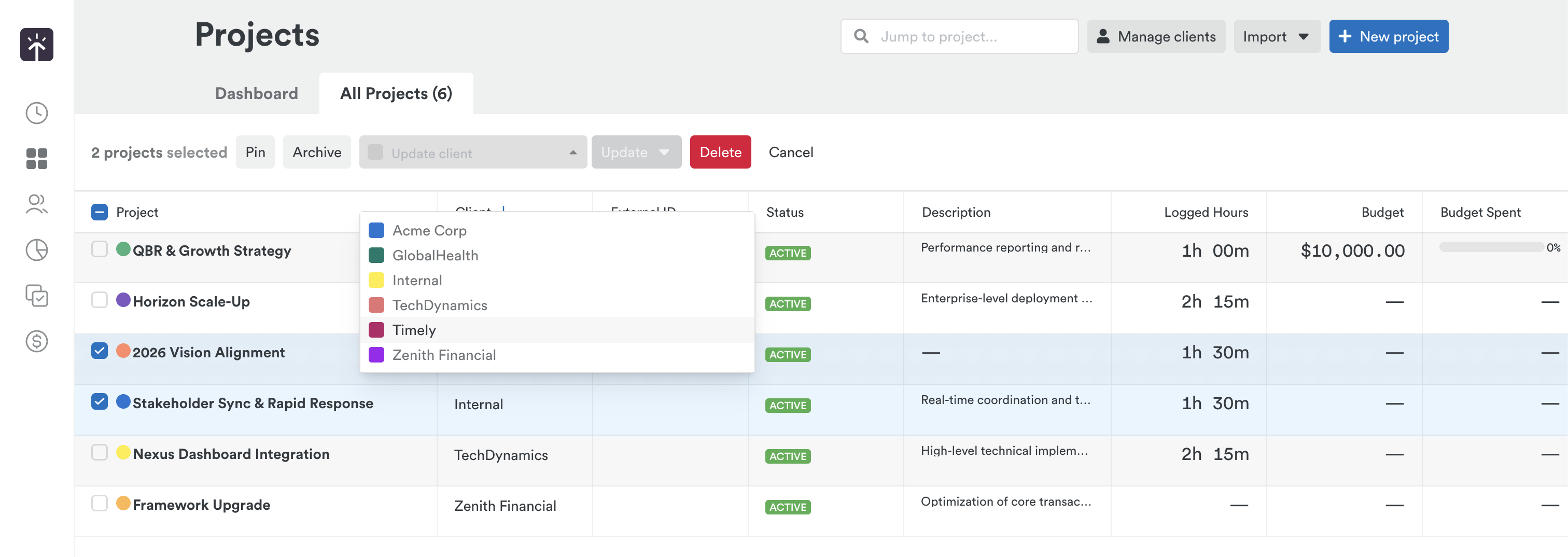 Reassign the client on multiple projects at once instead of updating them one by one. Just select your projects, pick the new client, and confirm — if anything looks wrong, you've got 10 seconds to undo it.