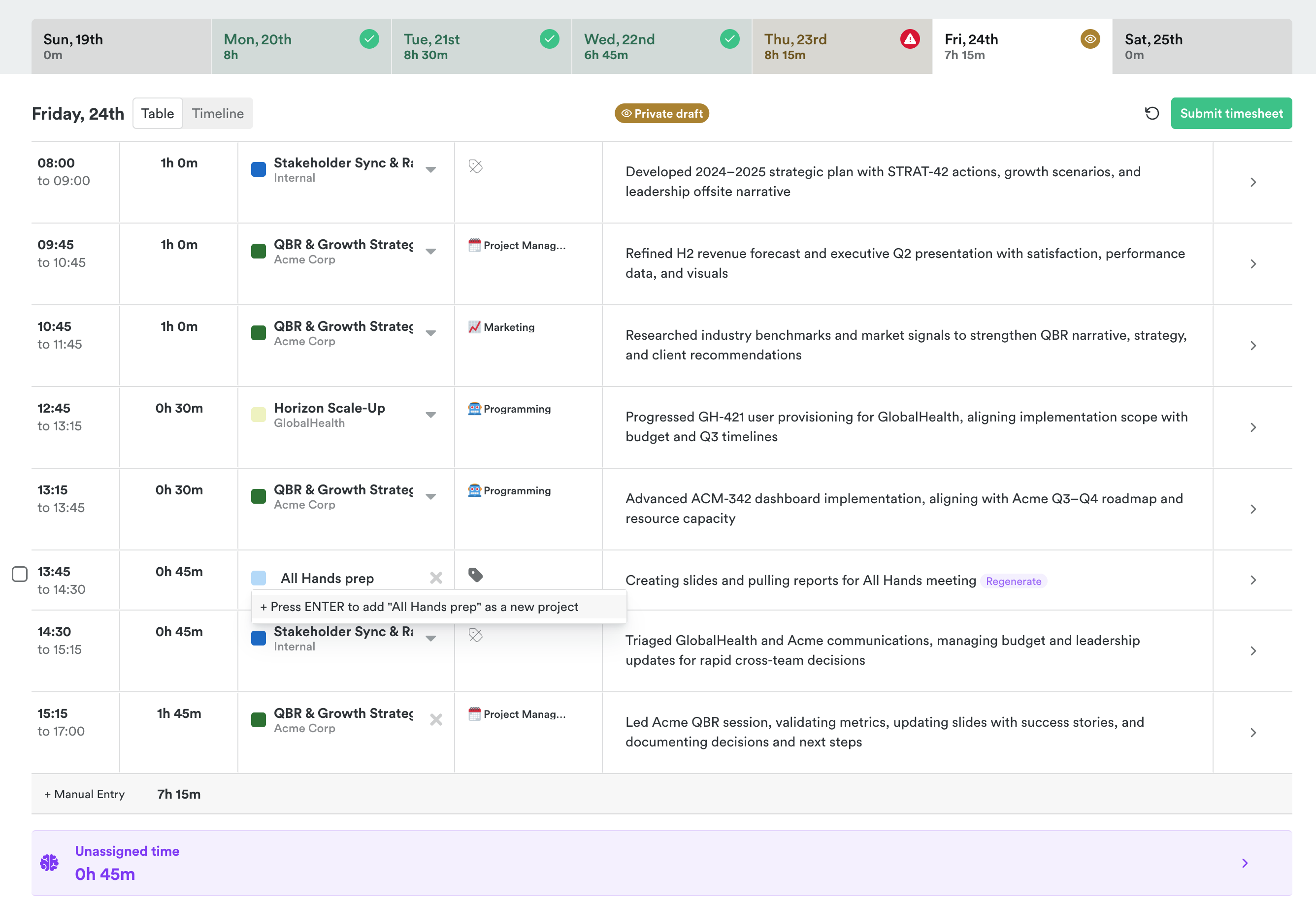 Inline project creation in AutoSheet