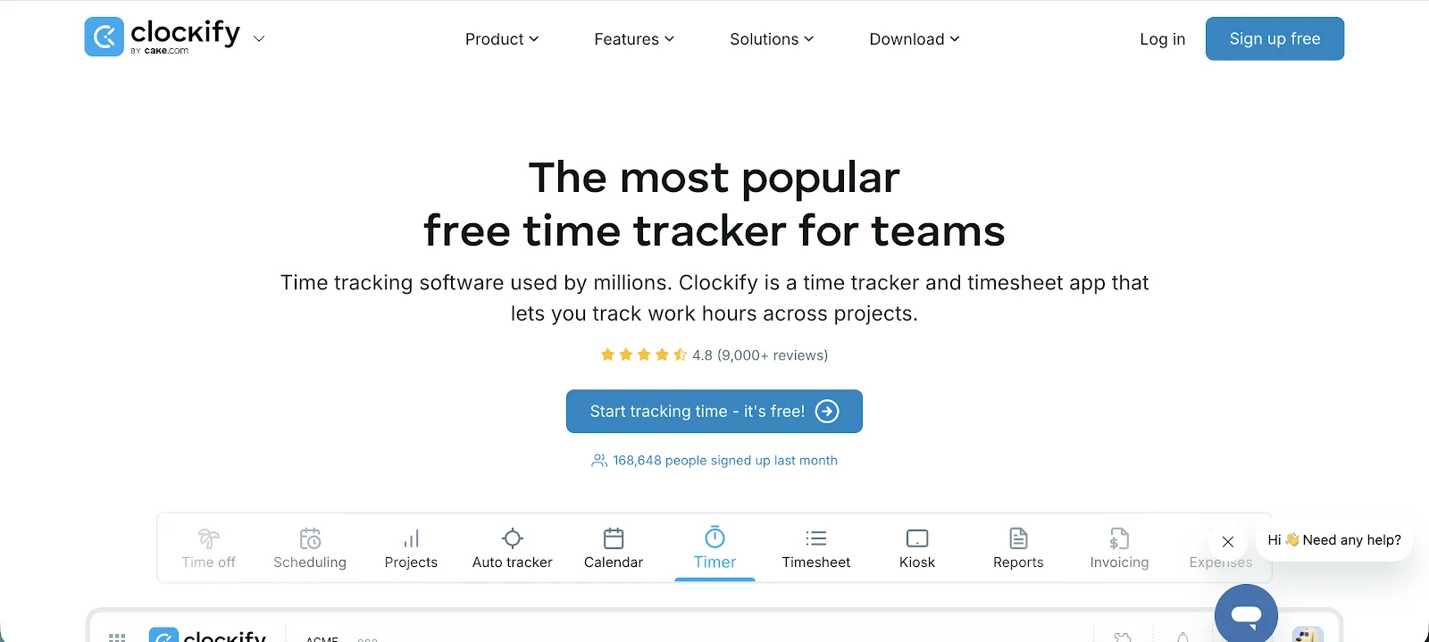 Clockify homepage — the most popular free time tracker for teams