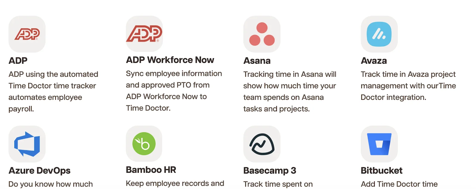 Time Doctor integrations including ADP, Bamboo HR, Asana, Azure DevOps and more