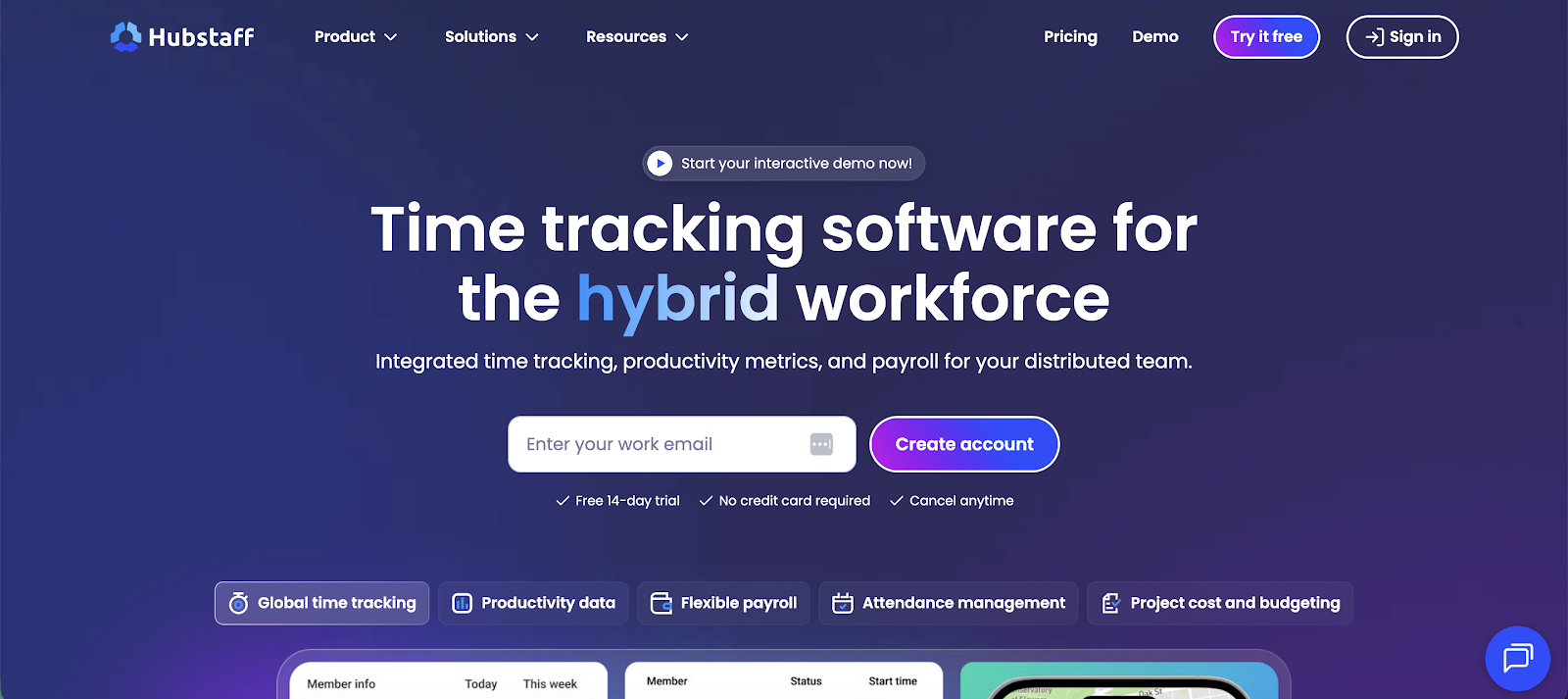 Hubstaff homepage — Time tracking software for the hybrid workforce