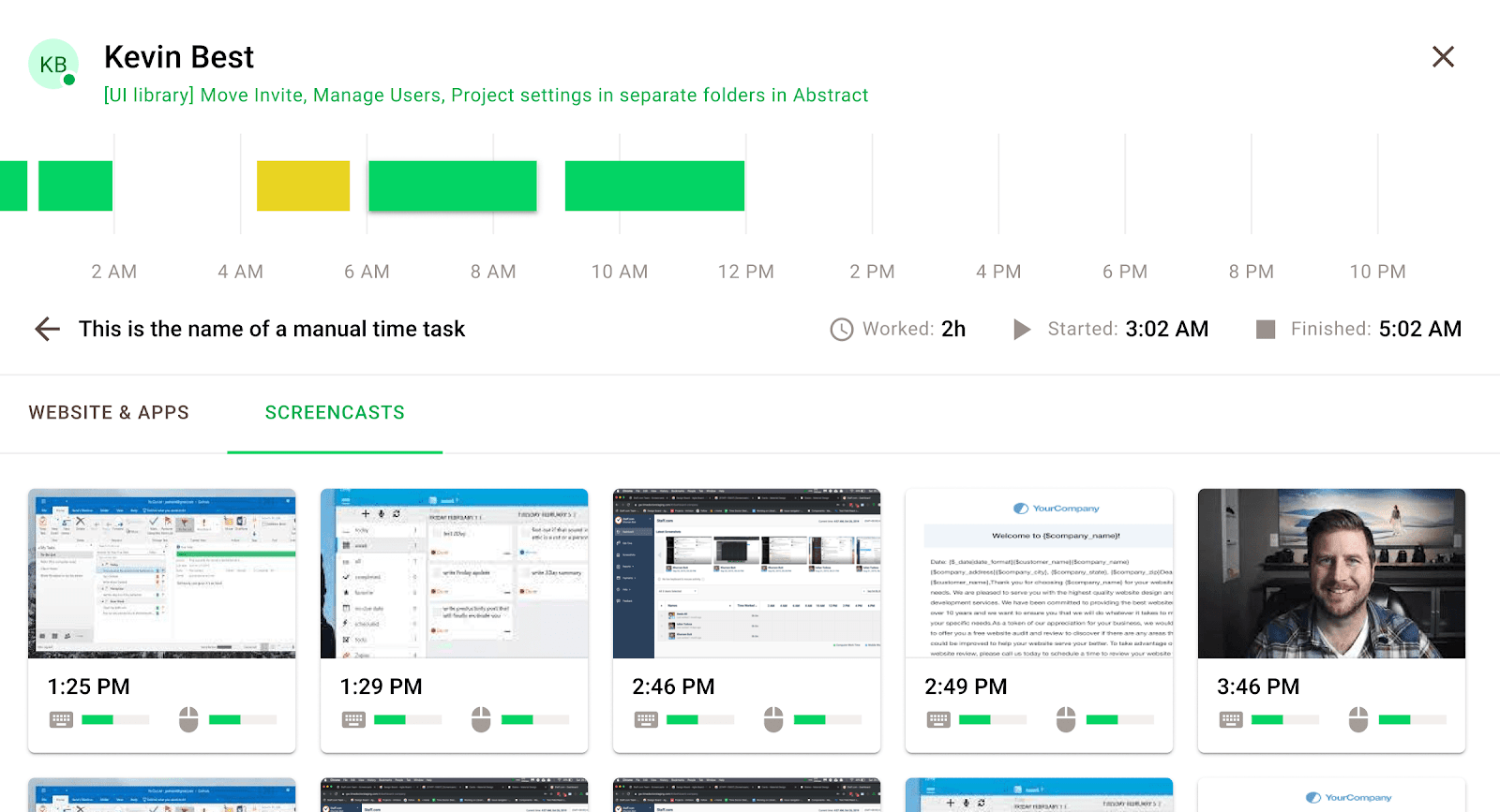 Time Doctor screen recording and screencasts — activity timeline with screenshots