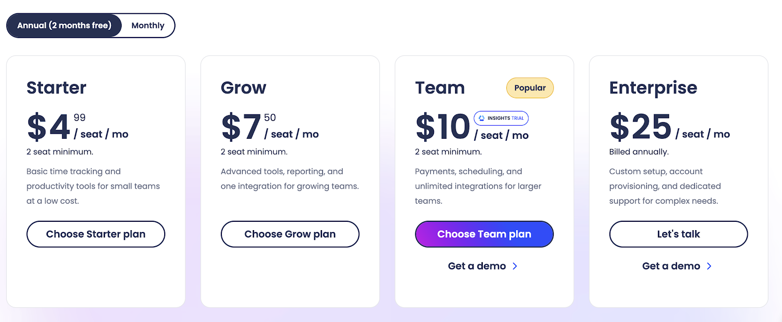 Hubstaff pricing plans — Starter, Grow, Team and Enterprise